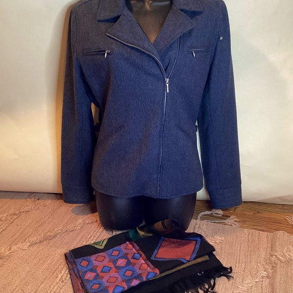 LAUREN Ralph Lauren BLUE TWEED MOTO LAMBSWOOL JACKET SZ. 10 & WOOL/SILK SCARF - Picture 4 of 14